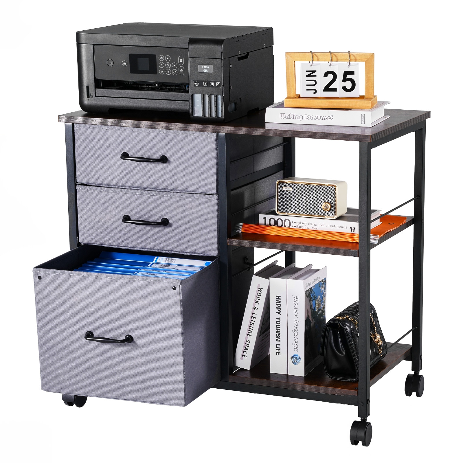 Mobile Metal File Cabinet With 3 Fabric Drawers And 2 Open Shelves Brown_maomaolike.com